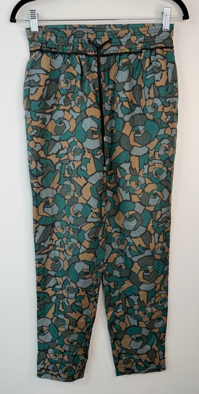 Ronny Kobo Green Camo Floral Army Print Cheran 100% Silk Pants Size XS